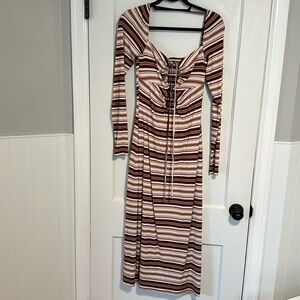 Brown and White Striped Midi Dress, Size Small